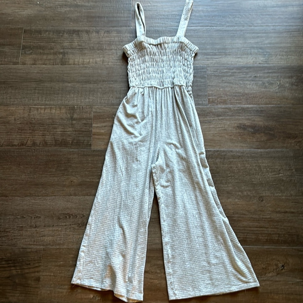Hem & Thread grey and white striped smocked flowy cropped jumpsuit